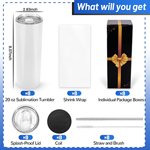 Joyclub 8 Pack Sublimation Tumblers Blank 20 oz Straight Skinny Bulk for Heat transfer, Double Wall Insulated Tumbler with Lids, Straw, Rubber Bottoms, Individually Gift Boxed and Shrink Wrap Films