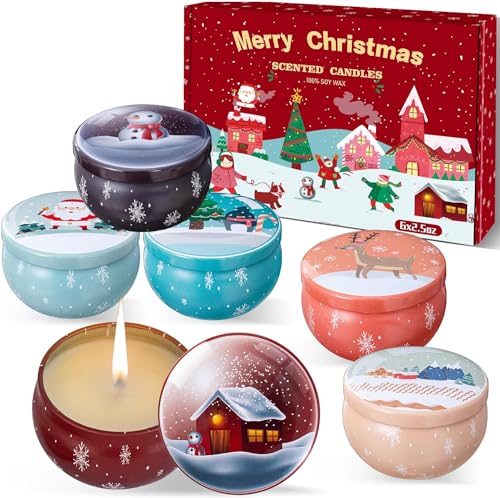 Christmas Scented Candles Gifts for Women, 6 Pack Scented Candles Gift Set, Natural Soy Wax Xmas Aromatherapy Scented Candles, Tin Jar Candles for Stress Relief
