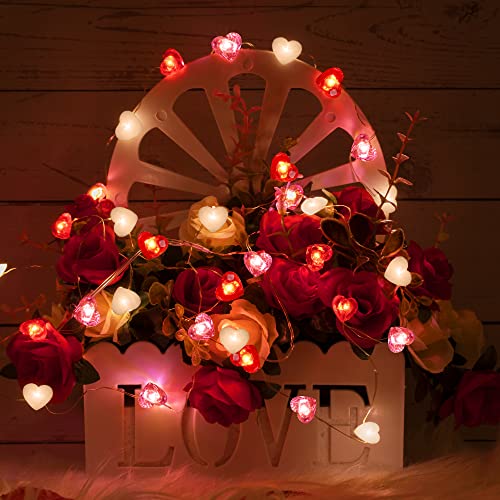 Fairy String Lights 10 Feet LED Red Pink White Heart Shaped Twinkle Fairy Lights 8 Modes Battery Operated for Valentine's Day Kids Bedroom Christmas Wedding Indoor Party Decor with Timer