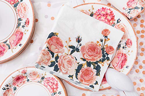 hapray Floral Party Supplies, (Serves 24) Rose Flower Disposable Paper Plates Cups Napkin, Knives Spoons Forks, Tableware Sets for Baby Shower Birthday Bridal Shower Tea Mothers Day Decorations