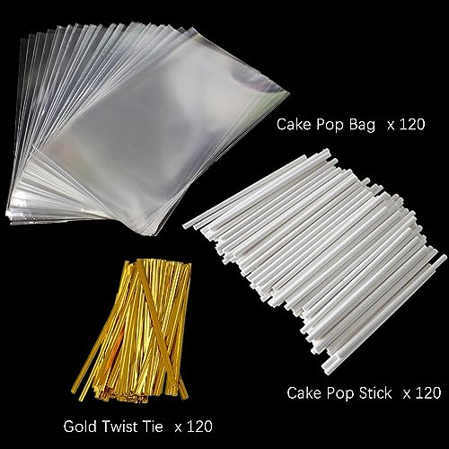 360pcs Cake Pop Sticks and Wrappers Ties Kit, Including 120ct 6-inch Paper Lollipop Sticks, 120ct Cake Pop Parcel Bags, 120ct Gold Twist Ties for Candy Making Packaging Supplies