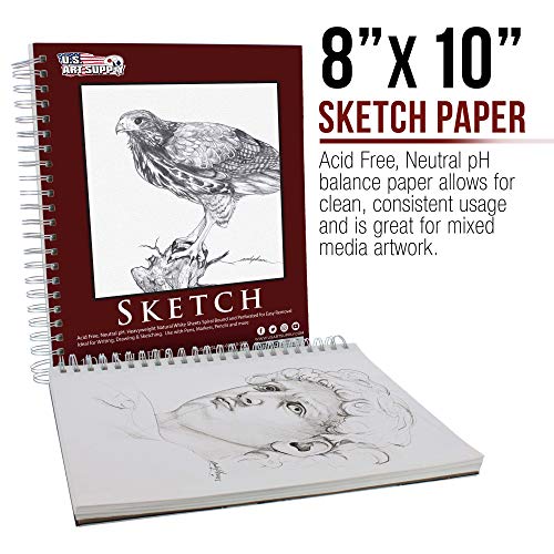 U.S. Art Supply 8" x 10" Sketch Book Pad, Pack of 2, 100 Sheets Each, 60lb (100gsm) - Spiral Bound Artist Sketching Drawing Paper Pad, Acid-Free - Graphite Colored Pencils, Charcoal - Adults, Students