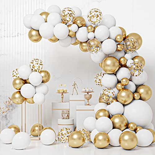 RUBFAC White Gold Balloons Garland Arch Kit with Gold Confetti Balloons for Baptism Wedding Birthday Party Decoration