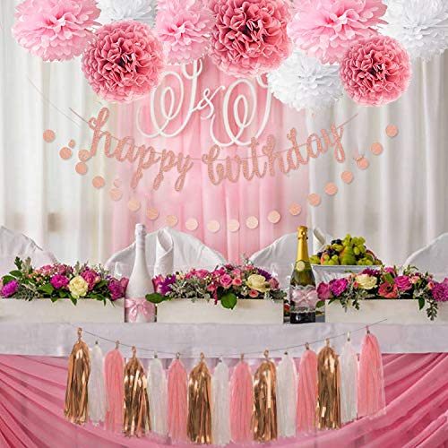 OuMuaMua Pink Rose Gold Birthday Party Decorations Set, Rose Gold Glittery Happy Birthday banner, Tissue Paper Pom, Circle Dots Garland and Tassel Garland for Birthday Party Decorations
