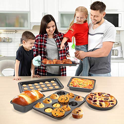Nonstick Bakeware Set, 5 Pcs Bakeware Include Cookie Sheet, Loaf Pan, Square Pan, Round Cake Pan, 12 Cups Muffin Pan