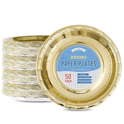 Tyzarglef Disposable Paper Plates Gold, 50 Count 7” Dessert Cake Plates Bulk for Party Supplies, Colored and Sturdy Party Plates for Birthday, Wedding, Baby shower, Bridal party supplies