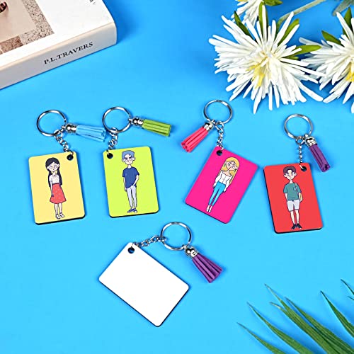 HTVRONT Sublimation Keychain Blanks Bulk - 120Pcs Sublimation Blanks Keychain with Blue Protective Film - MDF Rectangle Keychain with Tassels - Heat Transfer Keychain Blanks Double Sided