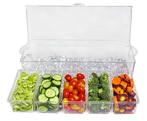 Ice Chilled 5 Compartment Condiment Server Caddy - Serving Tray Container with 5 Removable Dishes with Over 2 Cup Capacity Each and Hinged Lid | 3 Serving Spoons + 3 Tongs Included