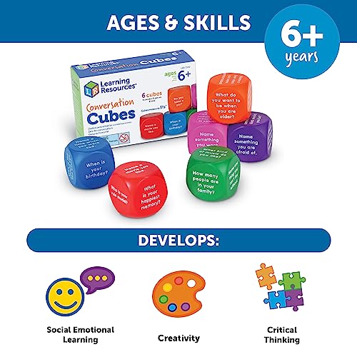 Learning Resources Conversation Cubes - 6 Pieces, Ages 6+ Foam Cubes for Social Emotional Learning, School Counselor Supplies, Speech Therapy Toys, Ice Breaker Cubes