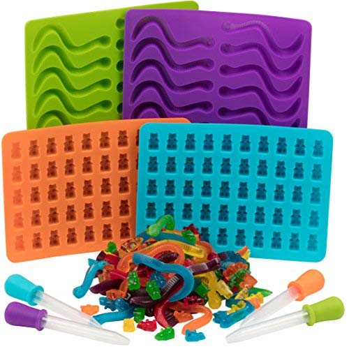 Gummy Bear and Worm Gummy Candy Molds, 4 Pack Set - XL Nonstick Trays with 2 Droppers for Chocolate, Ice Cubes and More - Makes 140 Candies - Non-Stick Trays, Holiday Gift for Kids