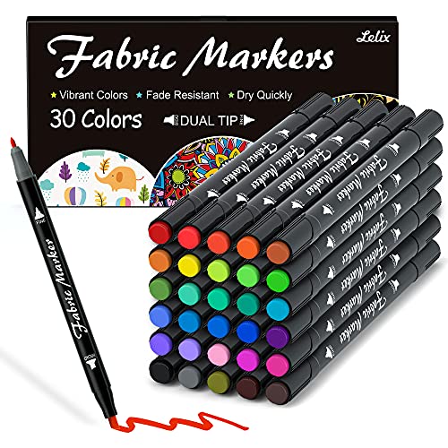 Lelix Fabric Markers, 30 Permanent Colors Dual Tip Fabric Pens for Writing Painting on T-Shirts Clothes Sneakers Canvas Pillowcases, Child Safe & Non-Toxic for Kids Adults