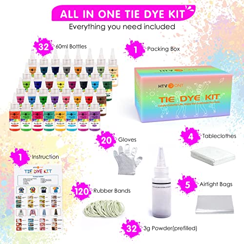 HTVRONT Tie Dye Kit - 32 Vibrant Colors Pre-Filled Bottles Tyedyedye Kit, Permanent Non-Toxic for Large Groups Kids Adults,Tye Fabric Textile Handmade Party(Just Add Water)