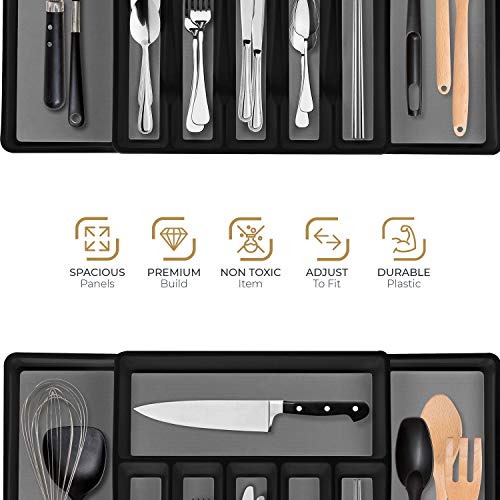 ELTOW Expandable Silverware Drawer Organizer, 8 Compartment Non-Slip & Adjustable Silverware Trays For Kitchen Drawers, Kitchen Organization for Utensils, Cutlery, Flatware Storage - Black
