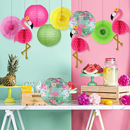 Flamingo Party Decorations, Hawaiian Party Supplies Flamingo Palm Leaves Hibiscus Flowers Paper Lanterns Flamingo Honeycomb Tissue Paper Fans for Luau Birthday Party Home Decorations (Hot Pink)