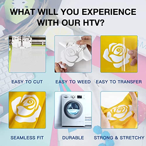 HTVRONT HTV Vinyl Rolls Heat Transfer Vinyl - 12" x 8ft White HTV Vinyl for Shirts, Iron on Vinyl for Cricut & Cameo - Easy to Cut & Weed for Heat Vinyl Design (White)