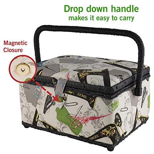 SINGER 07281 Vintage Sewing Basket with Sewing Kit Accessories