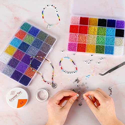 UOONY 35000pcs 2mm Glass Seed Beads for Jewelry Making Kit, 250pcs Alphabet Letter Beads, Tiny Beads Set for Bracelets Making, DIY, Art and Craft with Rolls of Elastic String Cord, Charms and Rings