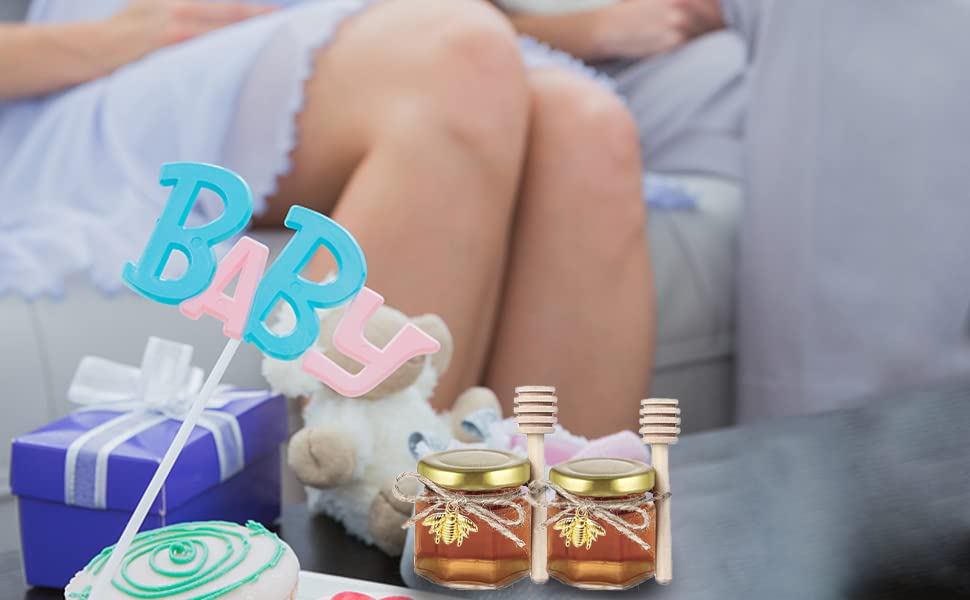 GIVAMEIHF Mini Glass Honey jars-1.5 oz, 20 pcs Hexagon Honey Jars with Wooden Dipper, Gold Lid, Bee Pendant, Rope-12m Mini Honey Jars with Lids, Perfect for Baby Shower, Wedding Favors, Party Favors