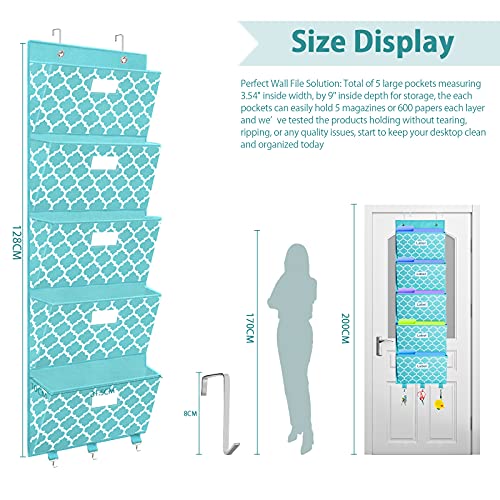 Over The Door File Organizer, Hanging Wall Mounted Storage Holder Pocket Chart for Magazine, Notebooks, Planners, Mails, 5 Extra Large Pockets(Blue withLantern Pattern)