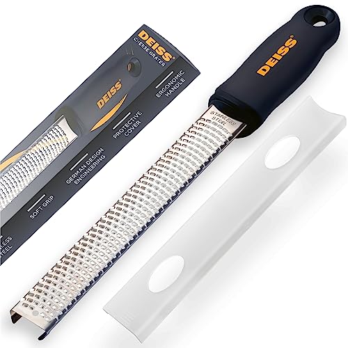 Deiss PRO Citrus Zester & Cheese Grater - Parmesan Cheese Lemon, Ginger, Garlic, Nutmeg, Chocolate, Vegetables, Fruits - Razor-Sharp Stainless Steel Blade, Wide, Dishwasher Safe (BLACK)