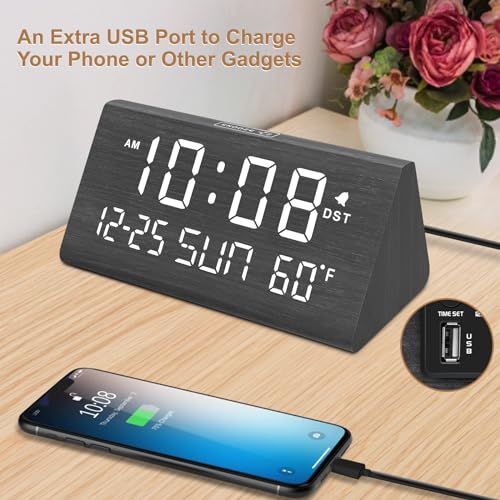 DreamSky Digital Alarm Clocks for Bedrooms - Wooden Electric Clock with USB Ports, Date, Weekday, Temperature, 0-100% Brightness Dimmer, Adjustable Alarm Volume, Snooze, Auto DST