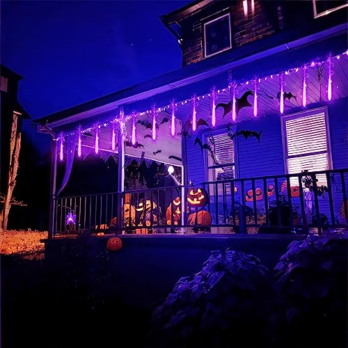 Purtuemy Halloween Lights Outdoor, Meteor Shower Lights 12 inch 8 Tubes Icicle Fairy String Lights for Halloween Christmas Decorations Tree Party Yard Outdoor, UL Plug, Purple Christmas Lights