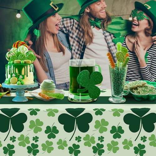 St Patricks Tablecloth for Rectangle Tables, 3 Pack Disposable Plastic 54" x 108" St Patricks Day Decorations, Shamrock Patterned Spring St Patricks Party Table Cloth for Dining Room Kitchen Decor