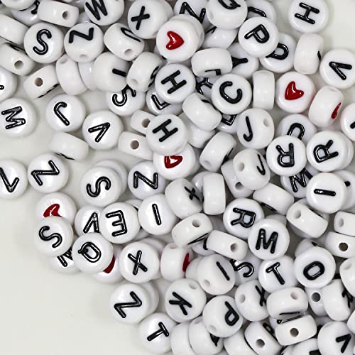 WangLaap 1450Pcs Letter Beads, Acrylic 4x7mm Round Letter Beads Kits, Alphabet Beads A-Z and Red Heart Black Star Beads for Bracelets Necklaces DIY Jewelry Making (White)