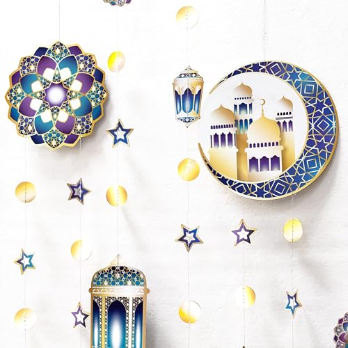 Decor365 Purple Blue Gold Ramadan Mubarak Garland Kit Lantern Crescent Moon Star EID Party Decoration Hanging EID Banner Streamer Decorations Islamic Birthday Bday Wedding Party Supplies