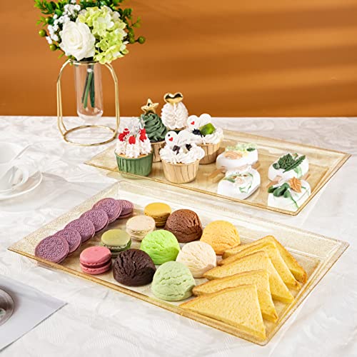 I00000 6 Pack Gold Glitter Plastic Serving Tray, 15" x 10" Crooked Food Trays, Clear Disposable Serving Platter for Parties, Weddings