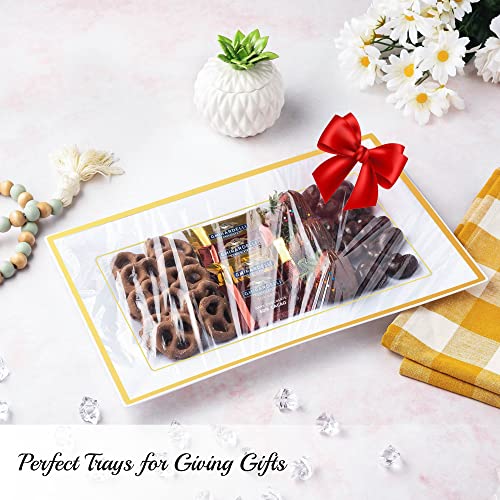 Mint Living - Elegant Plastic Serving Tray & Platter Set (6pk) - White & Gold Rim Disposable Serving Trays & Platters for Food - Weddings, Upscale Parties, Dessert Table, Cupcakes - 8 x 12.85 inches