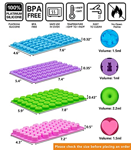 Gummy Bear Candy Molds Silicone, Gummy Molds with 2 Droppers, Non-stick Silicone Candy Molds Including Mini Dinosaur, Bear Shape, Hearts and Mini Donut, Set of 4