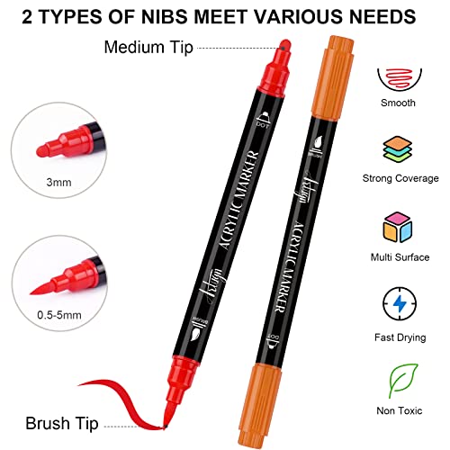 36 Colors Acrylic Paint Pens, Dual Tip Pens With Medium Brush Tip, Paint Markers for Rock Painting, Ceramic, Wood, Plastic, Calligraphy, Scrapbooking, Brush Lettering, Card Making, DIY Crafts