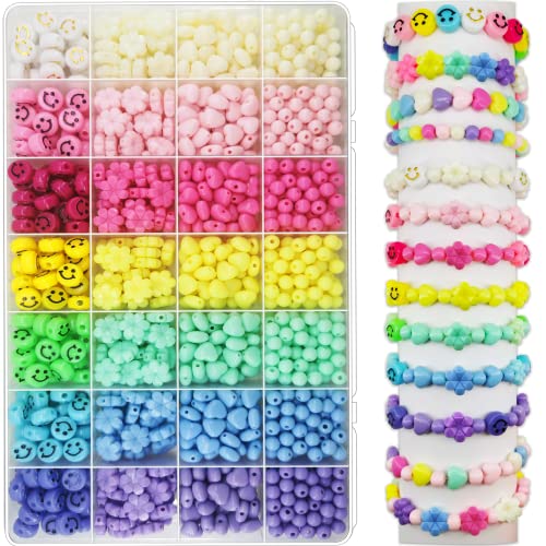 1260 Pcs Acrylic Pastel Beads, Candy Color Flower Beads Happy Face Beads Heart Beads Round Shaped Beads Colorful Assorted Cute Beads Kawaii Beads Bulk for Bracelets Jewelry Making Phone Charm Bead