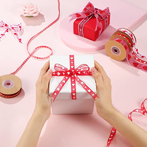 4 Rolls Valentine's Day Wired Ribbon Heart Wired Edge Ribbon Printed Heart Ribbon Polyester Wrapping Ribbon for DIY Craft Wrapping Wedding Valentine's Day Decoration, 11 Yards, 5.5 Yards