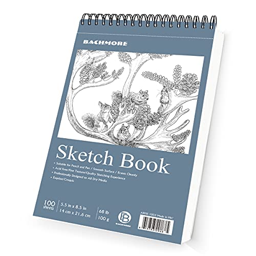 Bachmore Sketchpad 5.5X8.5 Inch (68lb/100g), 100 Sheets of Spiral Bound Sketch Book for Artist Pro & Amateurs | Marker Art, Colored Pencil, Charcoal for Sketching (1 Pack)