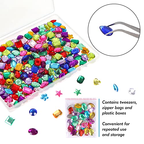 YIQIHAI 360pcs Craft Gems Jewels Acrylic Flatback Rhinestones Gemstone for Halloween Pirate Party Table Decorations, 10-15mm，9 Shapes with Tweezers and Storage Box