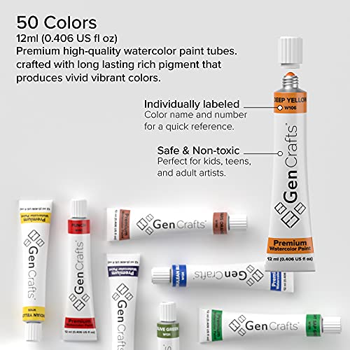 GenCrafts Watercolor Paint 50 Colors Set 12ml/ 0.4oz. - Quality Non Toxic Pigment Paints for Canvas, Fabric, Crafts, and More