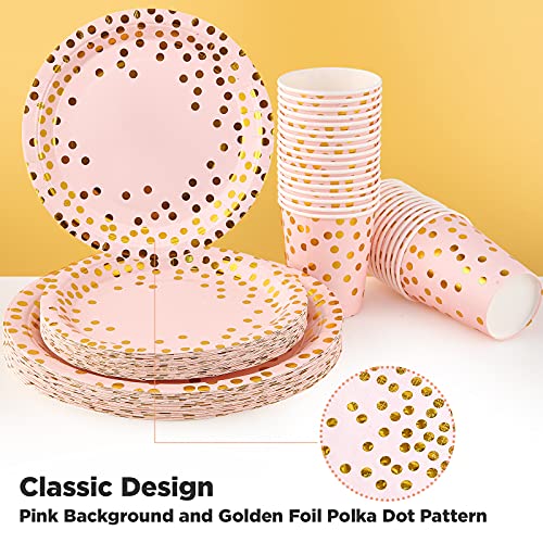 210 Piece Golden Dot Disposable Party Dinnerware Set 30 Guest -Pink Paper Plates Napkins Cups,Gold Plastic Forks Knives Spoons,FOCUSLINE Pink and Gold Party Supplies for Graduation Birthday Wedding