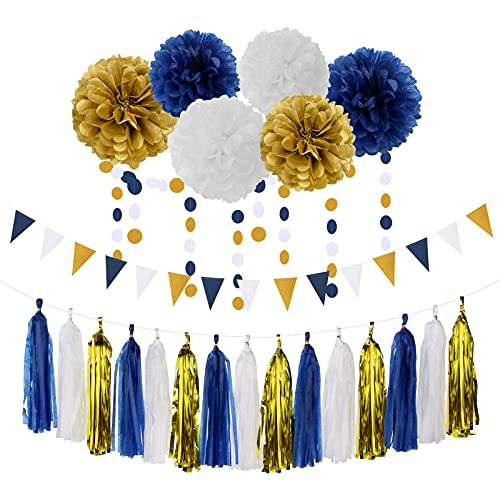 Navy Blue White Gold Party Decoration 23pcs Kits-Paper Flowers,Banner Flags,Circle Banner,Tassel Garland Birthday Bachelorette Boy Baby Shower Gender Reveal Graduation Decorations Lasting Surprise