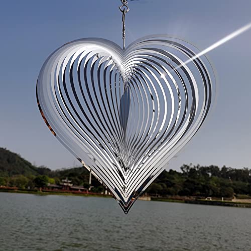 DJUAN Wind Spinner Outdoor Metal Decorations,Silver Heart Wind Spinners for Yard and Garden,Stainless Steel Wind Chimes for Outside Decor,Birthday Gifts for Mom,Mother's Day,Aunt Gifts