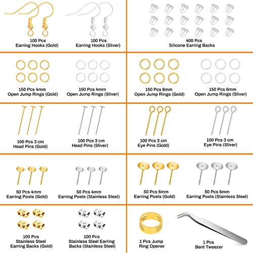 Hypoallergenic Earring Making Kit, Modacraft 2000Pcs Earring Making Supplies Kit with Earring Hooks, Earring Findings, Earring Posts, Earring Backs, Earring Pins Jump Rings for Jewelry Making Supplies