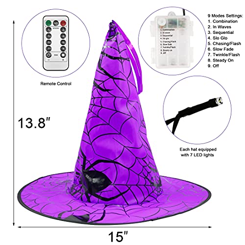 Twinkle Star Halloween Decorations 8 Pcs Lighted Hanging Witch Hats, 14ft 56 LEDs Halloween Indoor Outdoor Remote Control String Lights, Battery Powered with 8 Lighting Modes for Garden, Yard, Tree