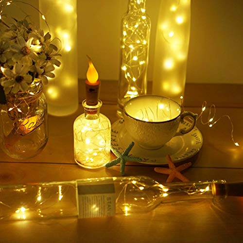 Decorman Wine Bottle Lights with Candle Flame, 10 Pack 20 LED Flameless Cork String Light Battery Operated Copper Wire Mini Fairy Starry Lights for Party Wedding Christmas Halloween