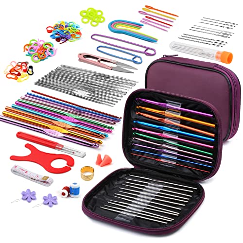 IMZAY 110 Pcs Crochet Hooks Set, Crochet Kit Crochet Hooks Kit with Storage Case, Ergonomic Knitting Needles Blunt Needles Stitch Marker DIY Hand Knitting Craft Art Tools for Beginners-Purple