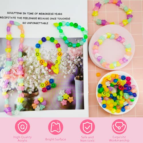 612Pcs Candy Color Acrylic UV Beads Glow in The Dark Beads Happy Face Bead Heart Beads Star Beads Color Changing Sun UV Reactive Plastic Solar Hair Beads Bulk for Bracelet Necklace Jewelry Making