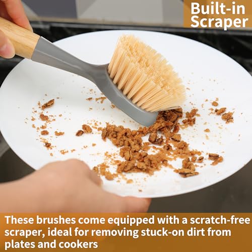 2 Pack Kitchen Dish Brush Bamboo Handle Dish Scrubber Built-in Scraper, Scrub Brush for Pans, Pots, Kitchen Sink Cleaning, Dishwashing and Cleaning Brushes are Perfect Cleaning Tools, Color-Gray