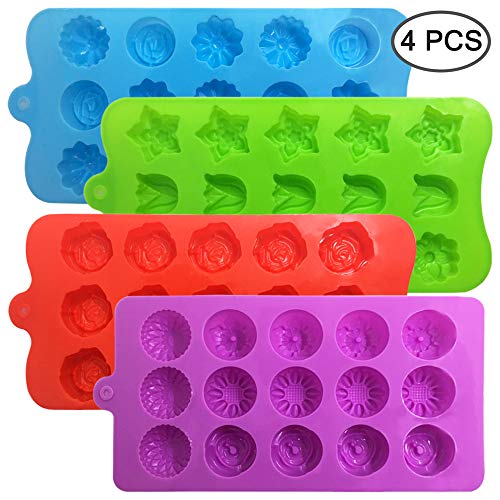 4 PACK Flower Shape Chocolate Candy Molds Set,DanziX Silicone 15 Cavity Baking Mold Ice Cube Tray for Wedding,Festival,Parties and DIY Crafts-Green,Blue,Red and Purple