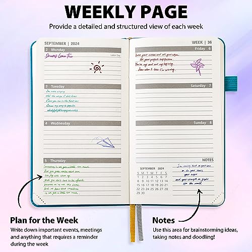 2024 Pocket Calendar by LADYACCES 2024 Weekly and Monthly Planner for Purse, Small Agenda 2024 with Vegan Leather Hard Cover, Elastic Closure, Inner Pocket, Pen Hold, Book Markers - 3.5" x 6" - Purple