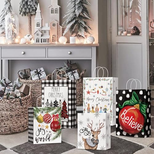 Horaldaily 24 Christmas Gift Paper Bags Bulk with handles Wrapping Xmas Holiday Presents(6 Jumbo,6 Large,6 Medium,6 Small)